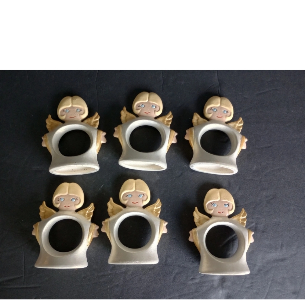 Vintage Angel Napkin Rings Ceramic Holders Set Of 6 Christmas Ivory White 3.5"